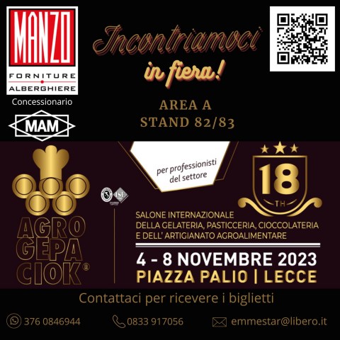 Come to meet us at A STAND 82/83 of the AGROGEPACIOK exhibition of Lecce, the fair of gelateria, bakery, chocholate and handmade agribusiness.  MAM is attending as always, come to meet us and check our ovens in operation.